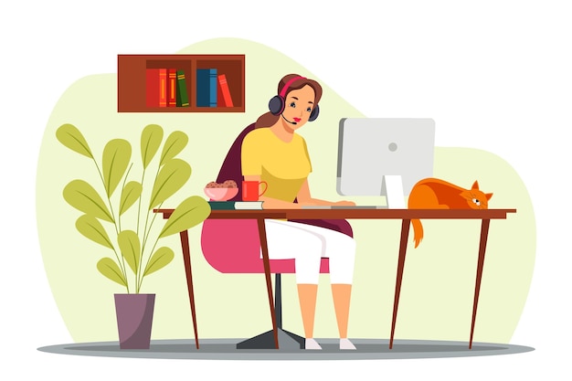 Externe werknemer aan het werk op kantoor aan huis vrouw in headset zit op computer modern interieur handige werkplek comfortabele omstandigheden