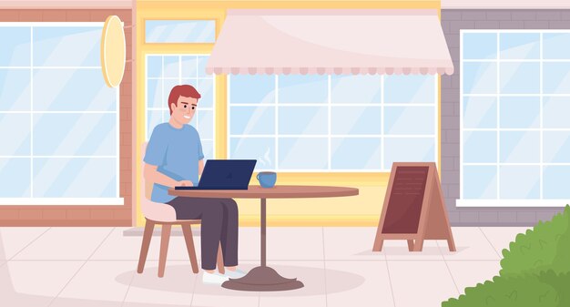 Externe werknemer op coffeeshop terras egale kleur vectorillustratie