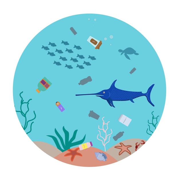 Vettore l'estinzione di specie rare di pesci e animali marini il problema dell'urbanizzazione impatto biologico inquinamento idrico inquinamento oceanico rifiuti marini rifiuti indelebili rischio biologico