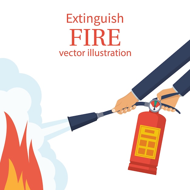 Extinguish fire. Fireman hold in hand fire extinguisher. Vector illustration flat design. Isolated on white background. Protection from flame. Show training instructions. Foam from nozzle.