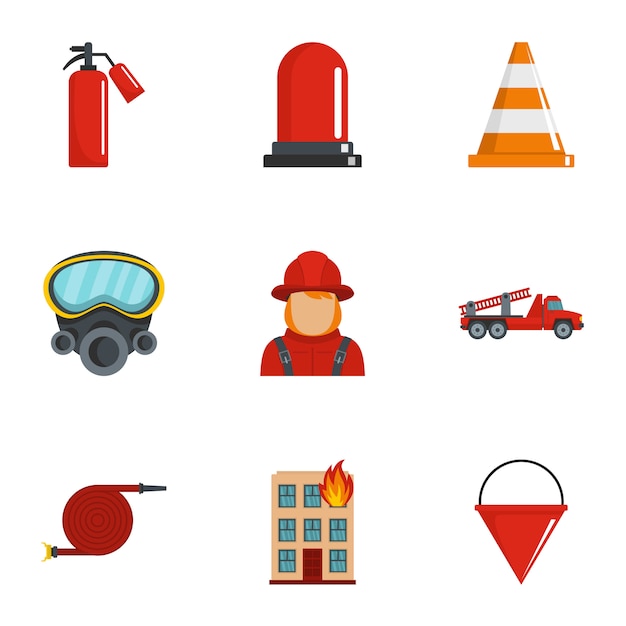 Extinguish fire icons set, cartoon style