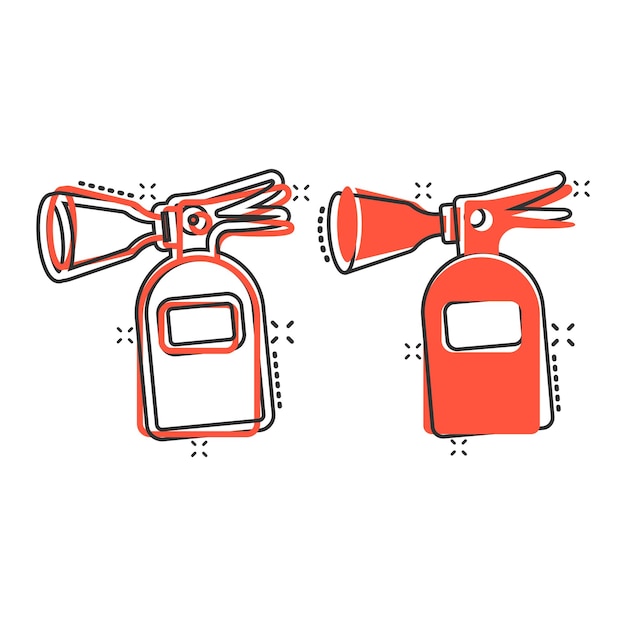 Иконка огнетушителя в комическом стиле Противопожарная мультяшная векторная иллюстрация на белом изолированном фоне Бизнес-концепция с эффектом аварийного всплеска