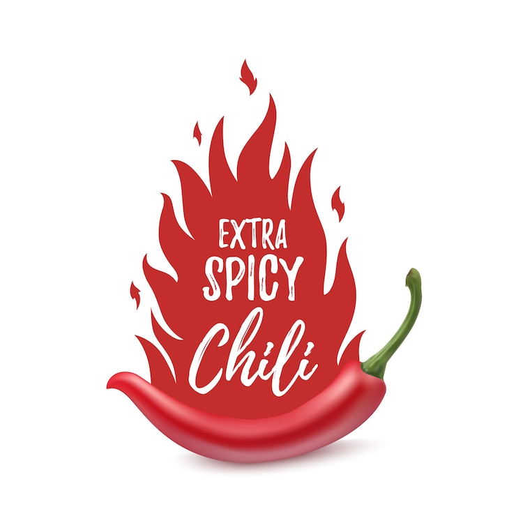 Vector extra pittige chili papier poster, badge of sjabloon voor spandoek met vuur, op witte achtergrond. illustratie.