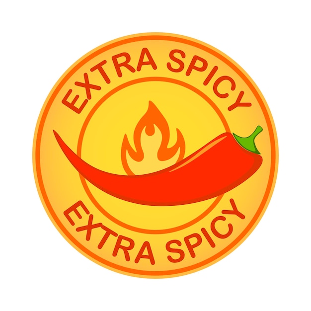 Extra spicy food label. Round sticker. Hot chili pepper icon.
