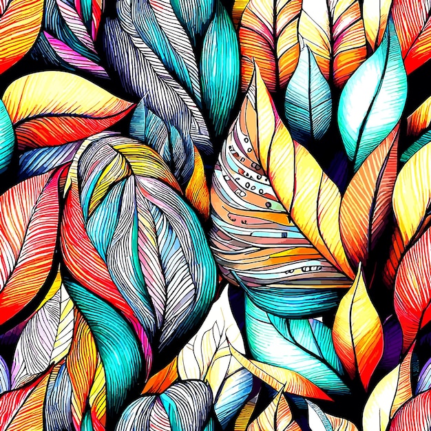 The extraordinary and lovely handdrawn pattern of colorful abstract leaves