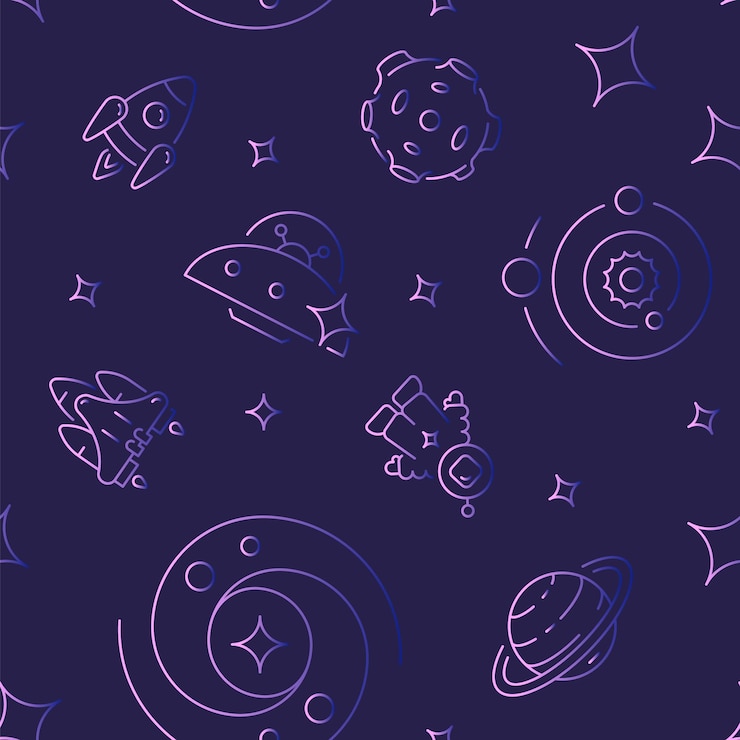 Vector extraterrestrial life abstract seamless pattern vector shapes on dark purple background trendy texture with cartoon color icons design with graphic elements for interior fabric website decoration