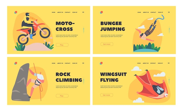 Set di modelli di pagina di destinazione per attività estreme e sport set di modelli per bungee jumping tuta alare volo fuoristrada escursioni in bicicletta alpinismo personaggi sportivi ricreazione cartoon persone illustrazione vettoriale