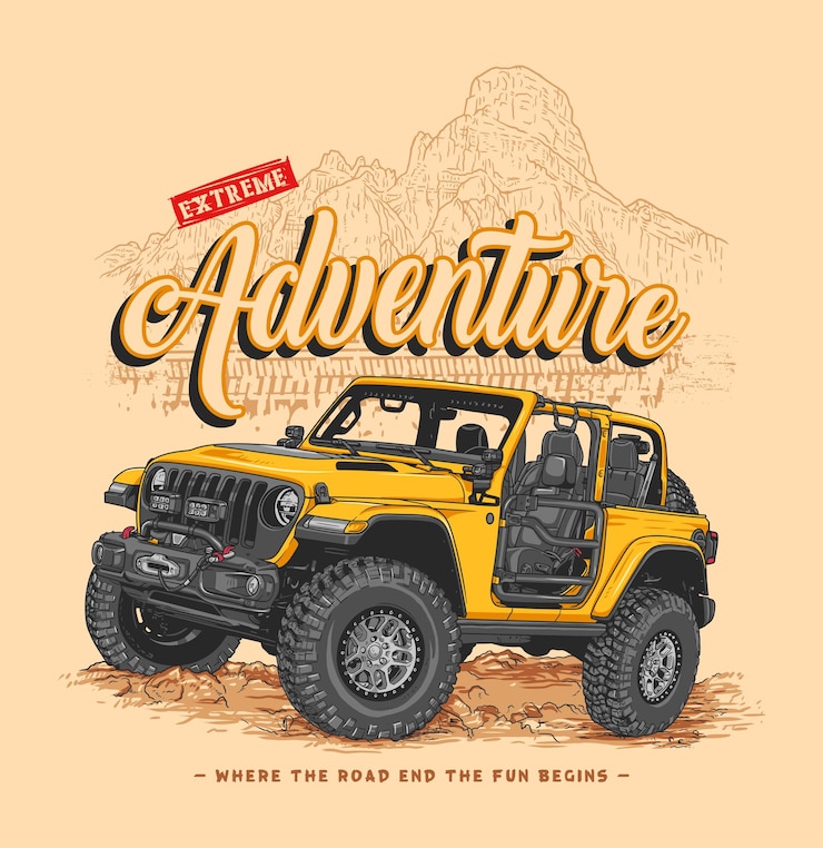 Vector 山の極端な青いオフロード車 suv