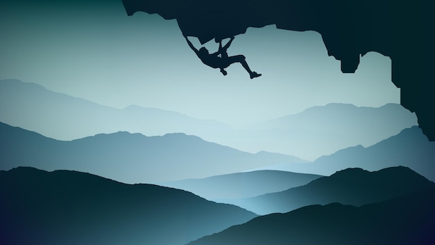 Extreme climber on a cliff with mountains as a background. Mountain climber walpaper for desktop.