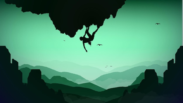 Vector extreme climber on a cliff with mountains as a background. mountain climber walpaper for desktop.