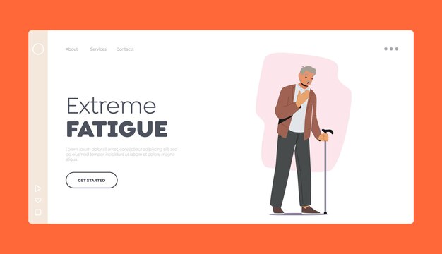 Extreme fatigue landing page template tired elderly man with walking cane yawning sad grandfather health problems