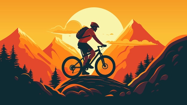 Extreme fietser rijden op heuvels op bergachtige natuur achtergrond tijdens zonsondergang vectorillustratie