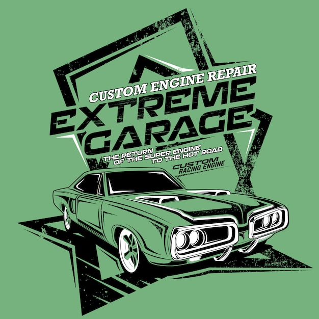 Riparazione su ordinazione del motore del garage estremo, illustrazione di un'automobile veloce classica