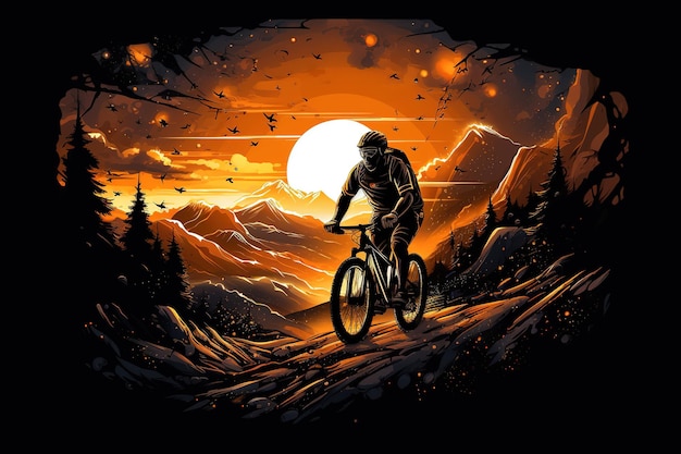 エクストリーム・マウンテン・バイカーが夕暮れの美しい野生の自然の背景で山で自転車に乗っている