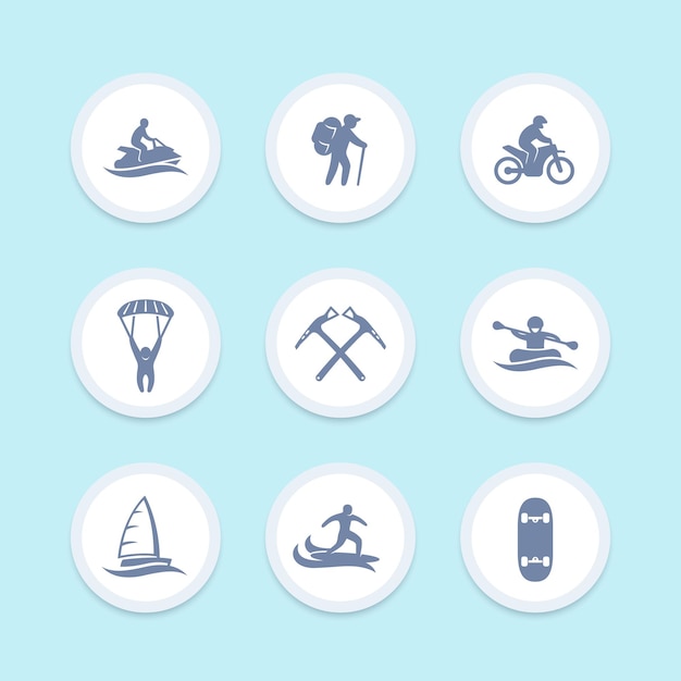Extreme outdoor activiteiten iconen set, parachutespringen, zeilen, bergbeklimmen, surfen, raften