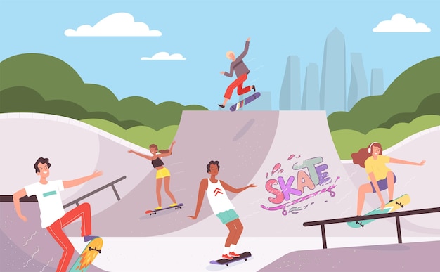 Parco estremo. attività all'aperto di skateboarder piloti in azione pone salto rampa adolescenti hipsters sfondo vettoriale. cavaliere estremo di attività, illustrazione di sport skate divertente