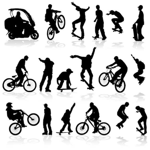 Extreme silhouettes man on roller, bicycle, scooter, skateboard