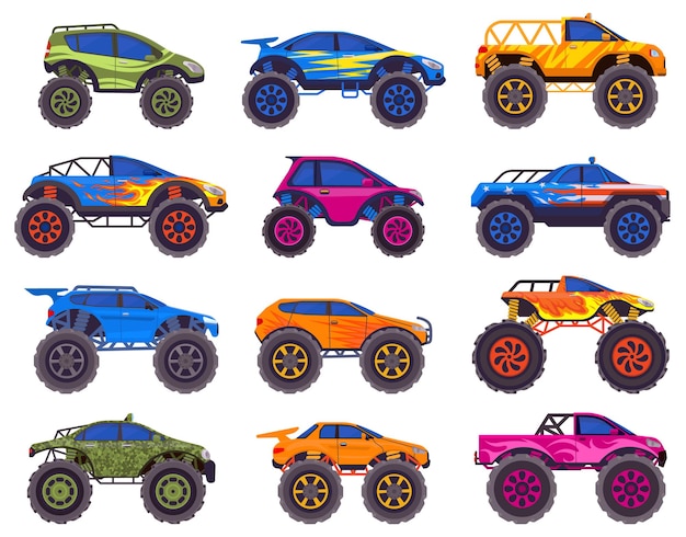 Set of monster trucks. pickup truck with big wheels Cartoon car design  ideas for boys. 14569638 PNG