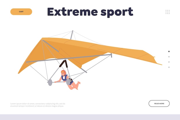 Vector extreme sport landing page design template offering skydiving adventure descending on hangglider outdoor recreation vector illustration of sportsman enjoying paragliding on deltaplane manual