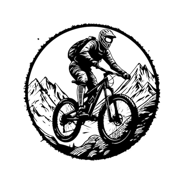 Vector extreme sport mountain biking vintage logo line art concept black and white color hand drawn illustration