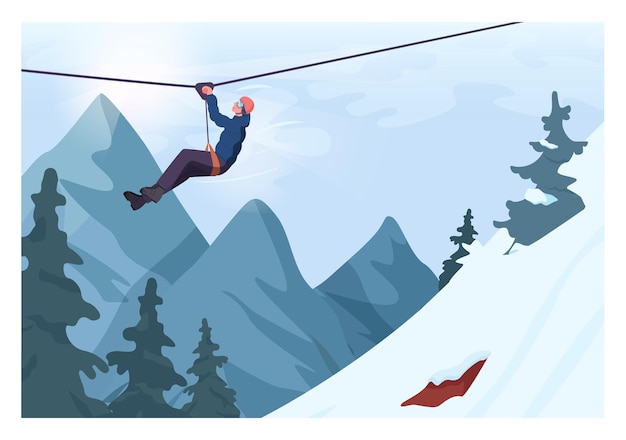 Extreme sportman naar beneden met een zipline touw. Sportweekend in avonturenpark. Touwladder in skitoevlucht. Platte vectorillustratie
