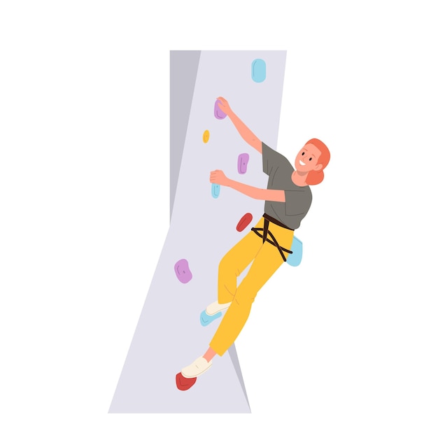 Vector extreme young woman sportive athlete climber cartoon character gripping stones on indoor rock wall