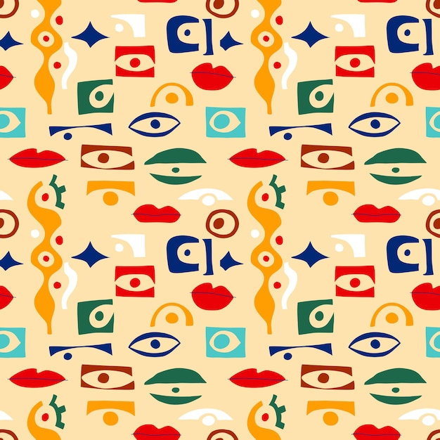 Eye abstract pattern with geometric shapes in contemporary style. vector greek seamless pattern with look, eyes in modern collage style. abstract shapes background. women hand drawn illustration.