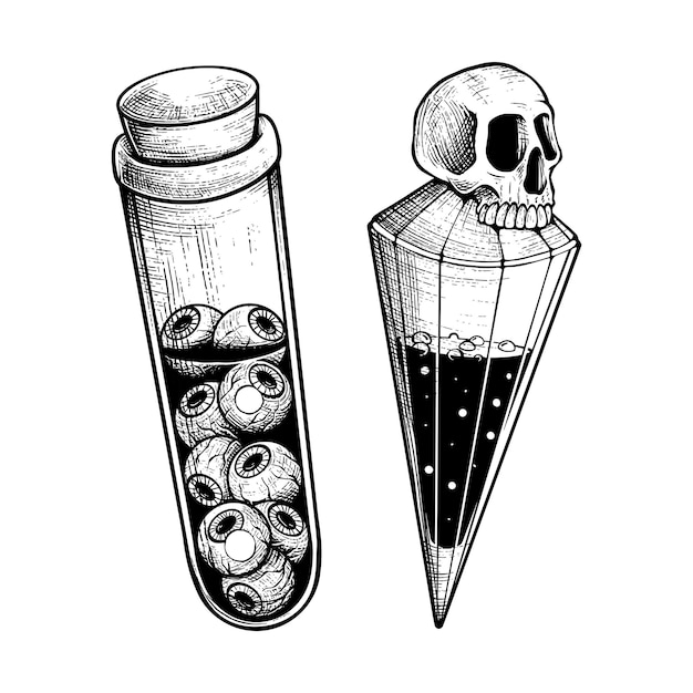 Vector eye bottle and skull bottle handgetekende gravure pen and ink vintage vector illustratie