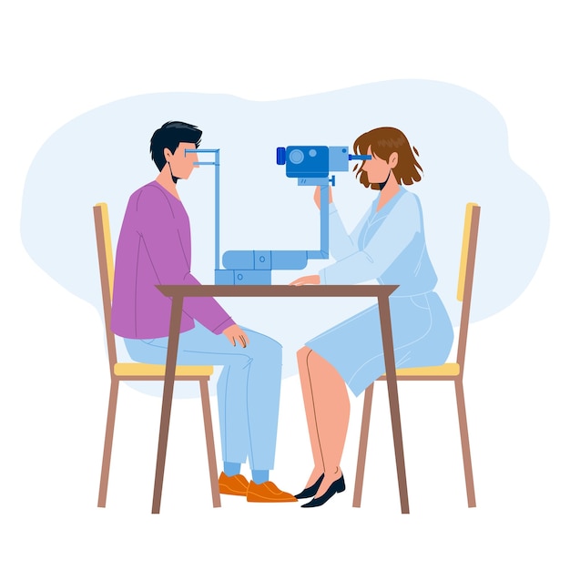 Eye checking patient in doctor cabinet vector. medicine worker eye checking with professional electronic equipment. characters medical examination and treatment in hospital flat cartoon illustration