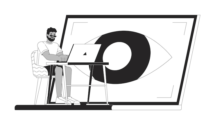 Vector eye control in laptop black and white 2d illustration concept