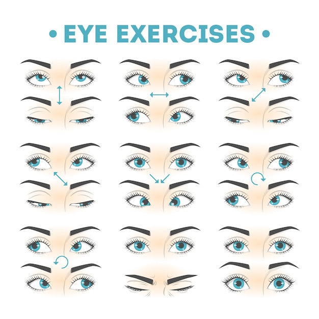 Vector eye exercise set. collection of movement for eyes