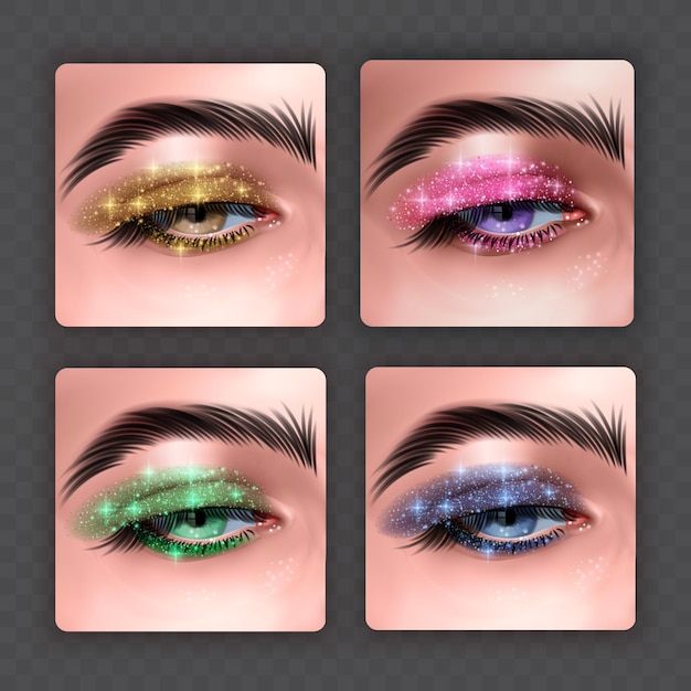 Eye glitter eyeshadow, occhi realistici con glitter eyeshadow makeup designer, formato vettoriale