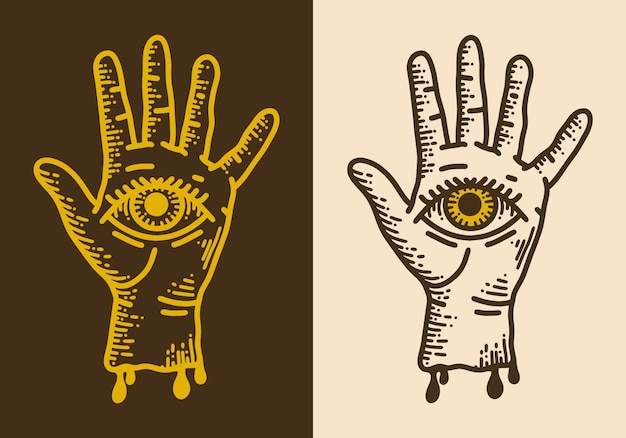 Vector eye on a hand vintage retro line art