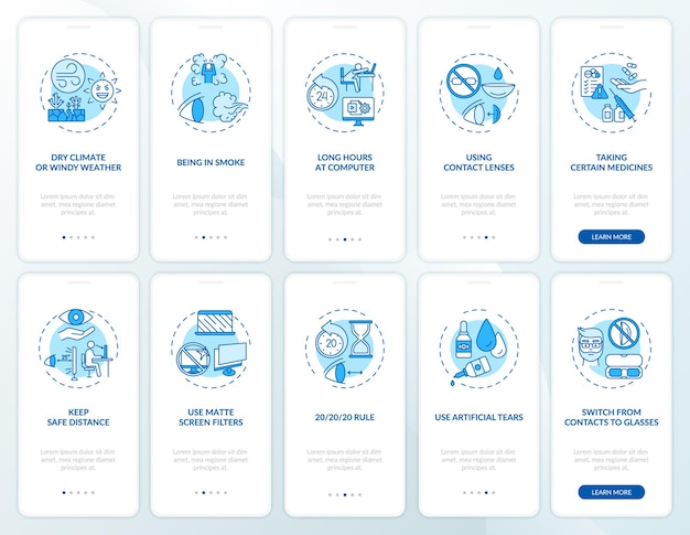 Eye health onboarding mobile app page screen with concepts set. Dry eyes trouble curing process walkthrough 10 steps . UI  template with RGB color illustrations