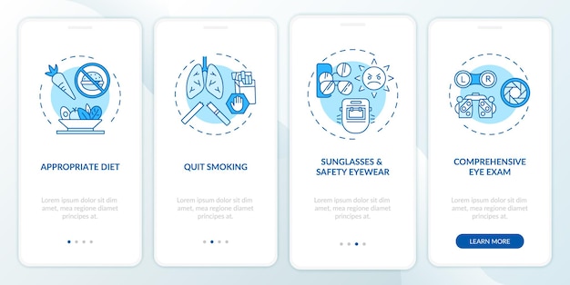 Eye health tips onboarding mobile app page screen with concepts. Quit smoking to save vision walkthrough 4 steps . UI  template with RGB color illustrations