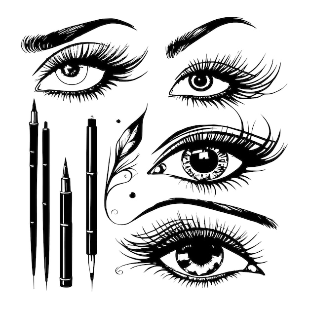 Вектор подводки для глаз. Красивый вектор макияжа глаз женщины. Набор различных векторных форм подводки для глаз.