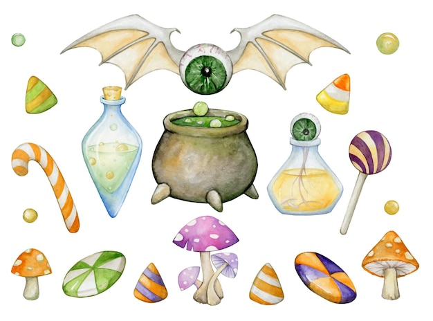 eye mushrooms toadstool bat cauldron with potion candy