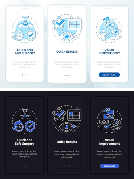 Eye operation pros white, black onboarding mobile app page screen. Walkthrough 3 steps graphic instructions with concepts. UI, UX, GUI vector template with linear night and day mode illustrations