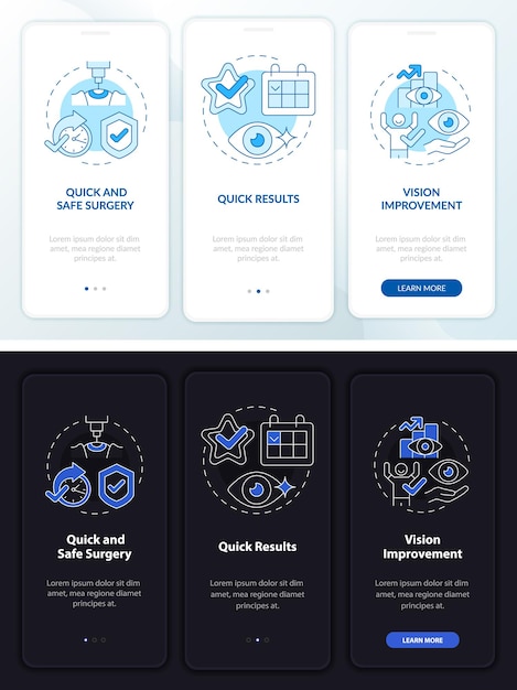 眼科手術のプロの白、黒のオンボーディングモバイルアプリのページ画面。概念を含むウォークスルー3ステップのグラフィック命令。線形の夜と昼のモードのイラストとUI、UX、GUIベクトルテンプレート