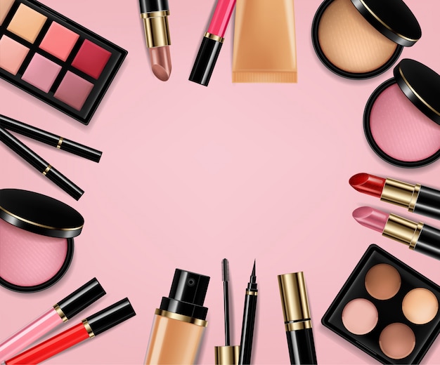 eye shadow, lip gloss and powder blush background
