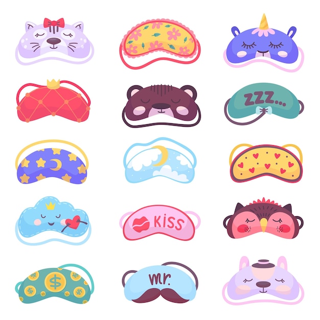 Eye sleep mask Relaxed eyes accessories bedtime elements Traveler masks with cat bear cloud characters Night sleepy blindfold neoteric vector set of sleep mask accessory illustration