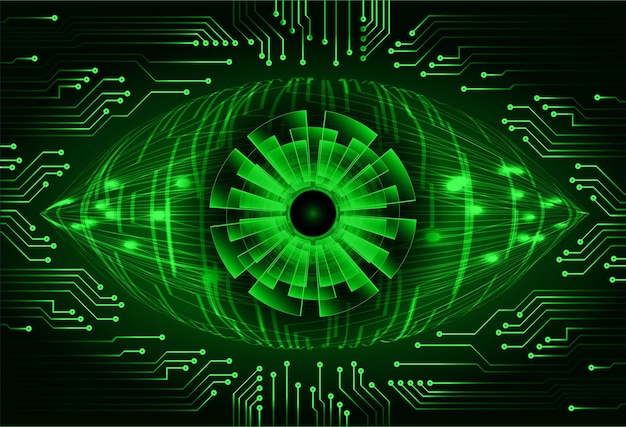 An eye with green and black lines and a circuit board in the background.