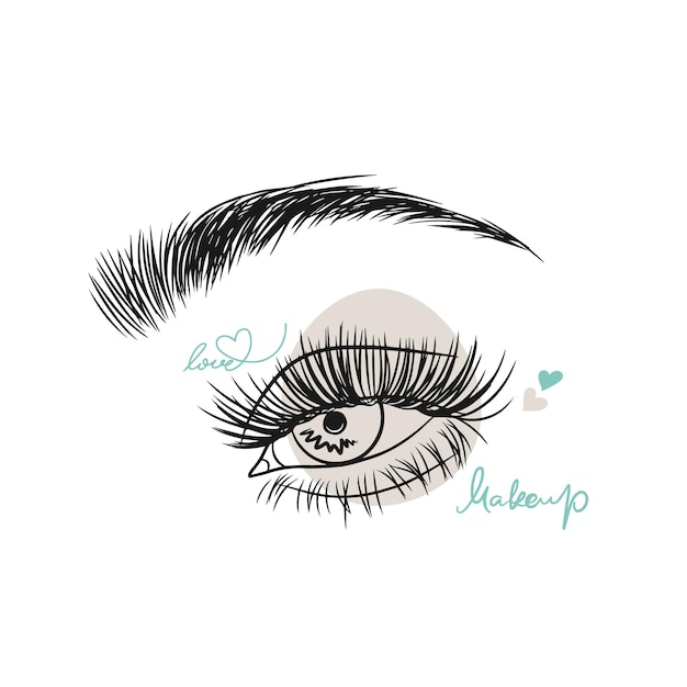 Vector eye with long eyelashes and thick eyebrow delicate colors graphics