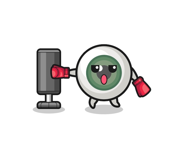 Eyeball boxer cartoon doing training with punching bag