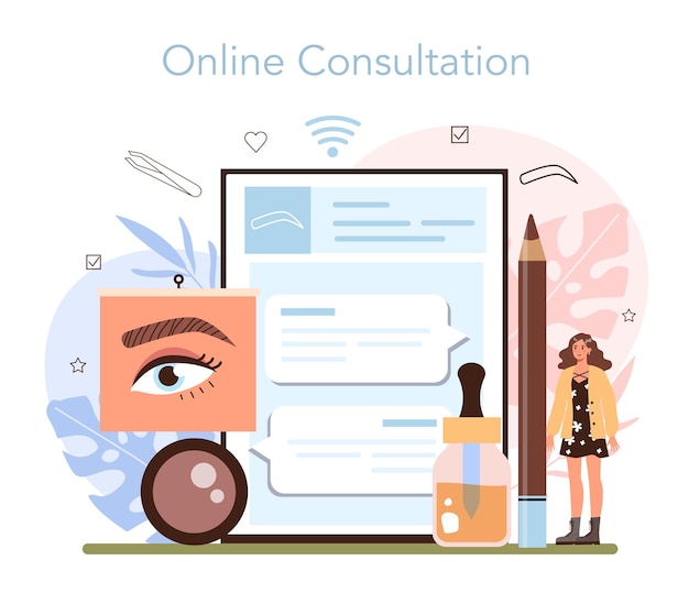 Vector eyebrow master online service or platform. master making perfect eyebrows. eyebrow shaping or correction. online consultation. flat vector illustration