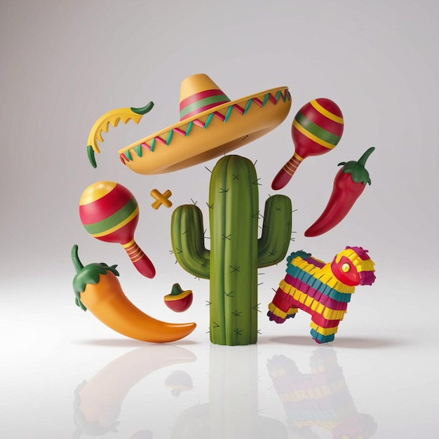 A eyecatching 3D render illustration of various Mexican elements