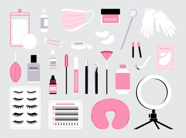 Eyelash extension tools set on gray background collection for lashmaker flat vector illustration