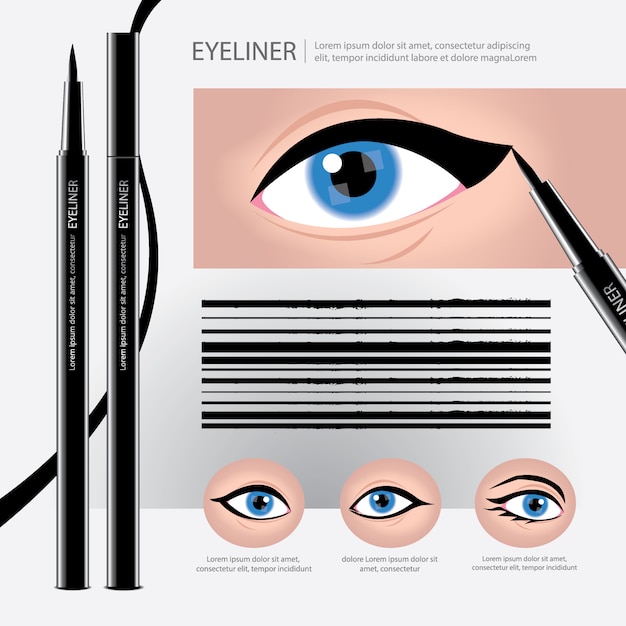 Vector eyeliner packaging with types of eye makeup