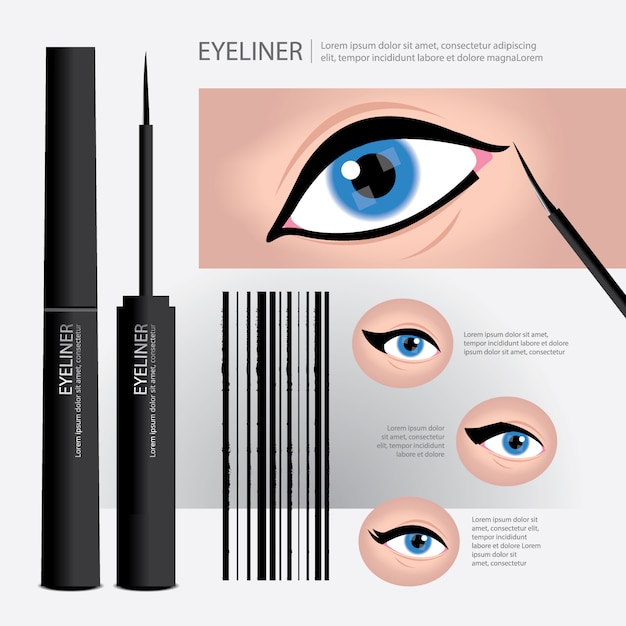 Vettore imballaggio dell'eyeliner con tipi di trucco per gli occhi