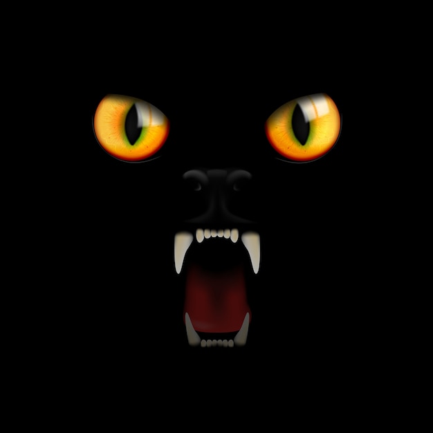 Vector eyes and teeth of a black cat on a black background.